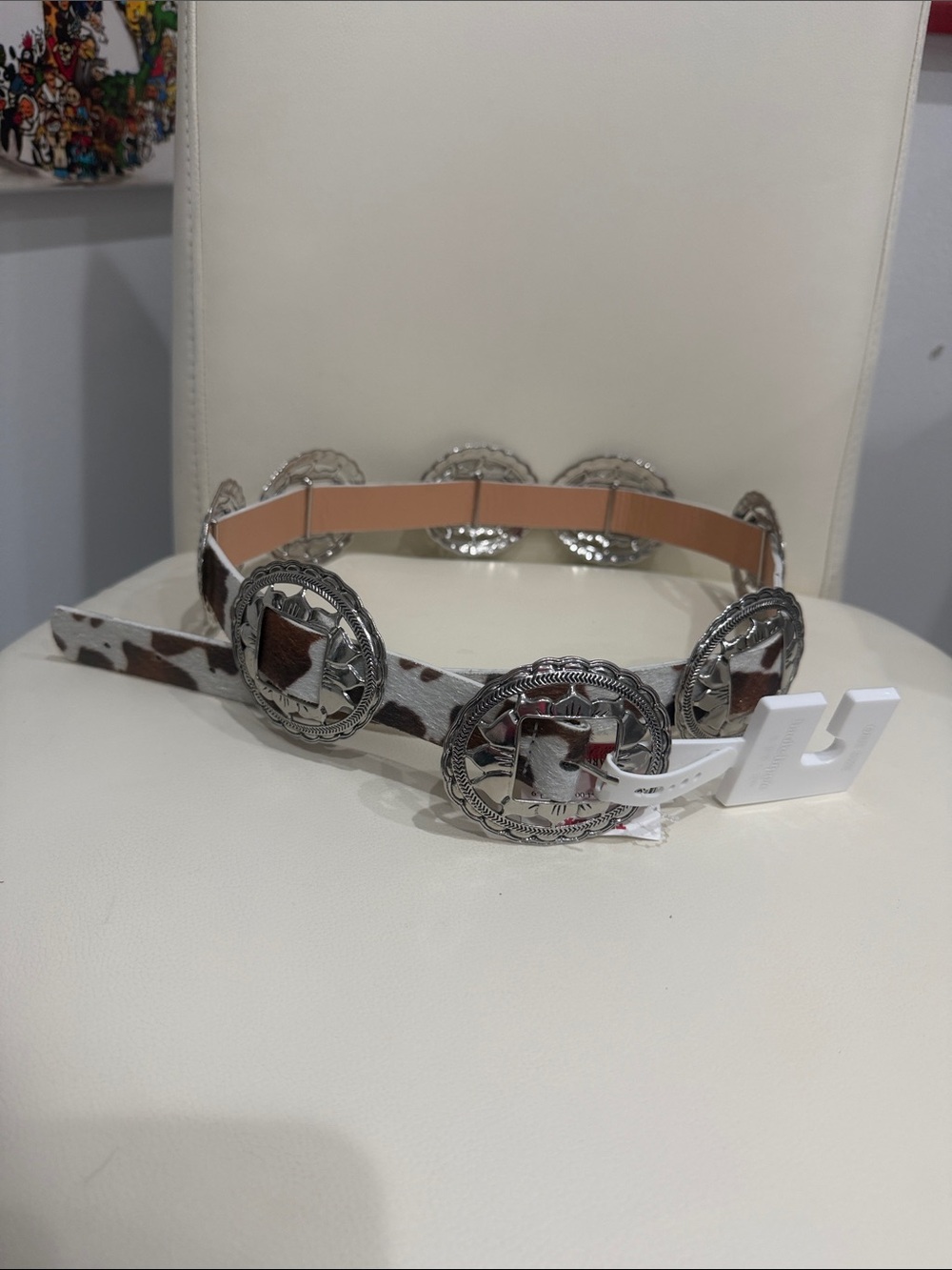 Haute Hippie White and Brown Cowprint Belt with Silver Conchos